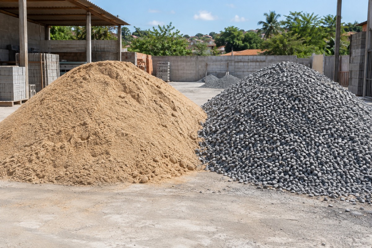 Pilha de areia média ao lado de pilha de brita em um pátio de materiais