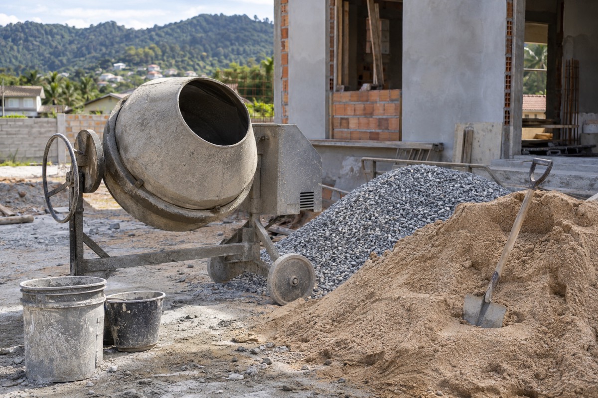 Betoneira em canteiro de obra ao lado de pilhas de areia e brita