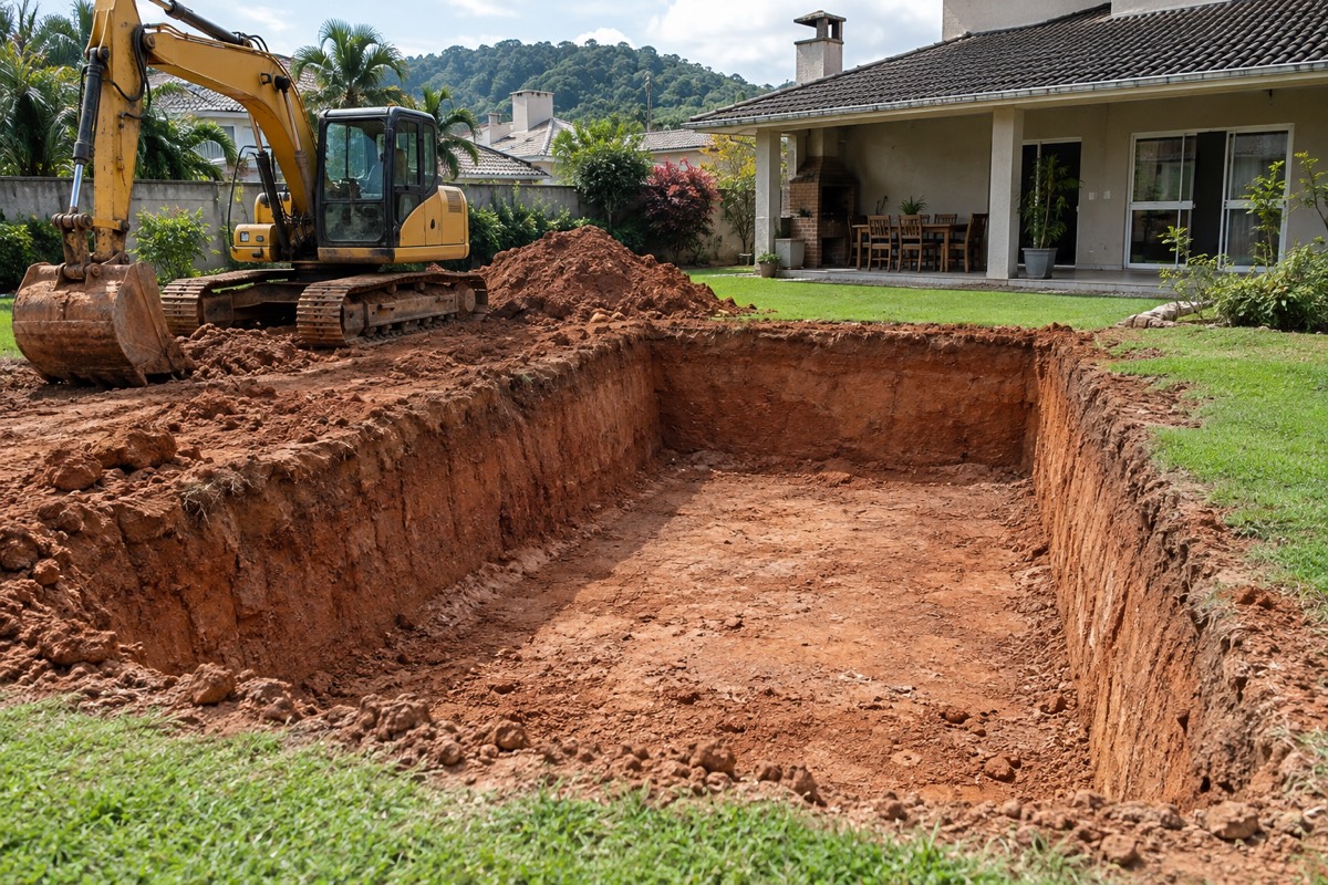 Escavação retangular de piscina em quintal residencial com escavadeira ao lado