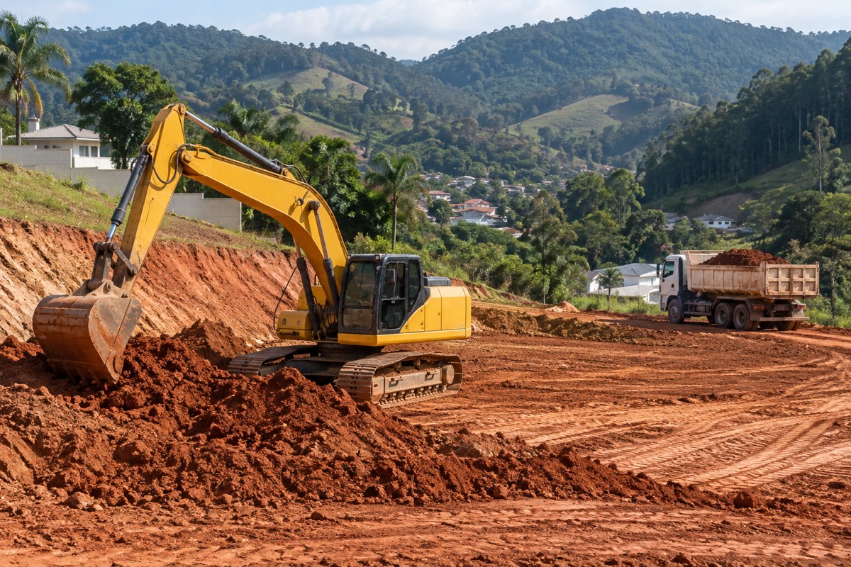 Terreno de terra vermelha sendo nivelado por escavadeira para uma obra residencial