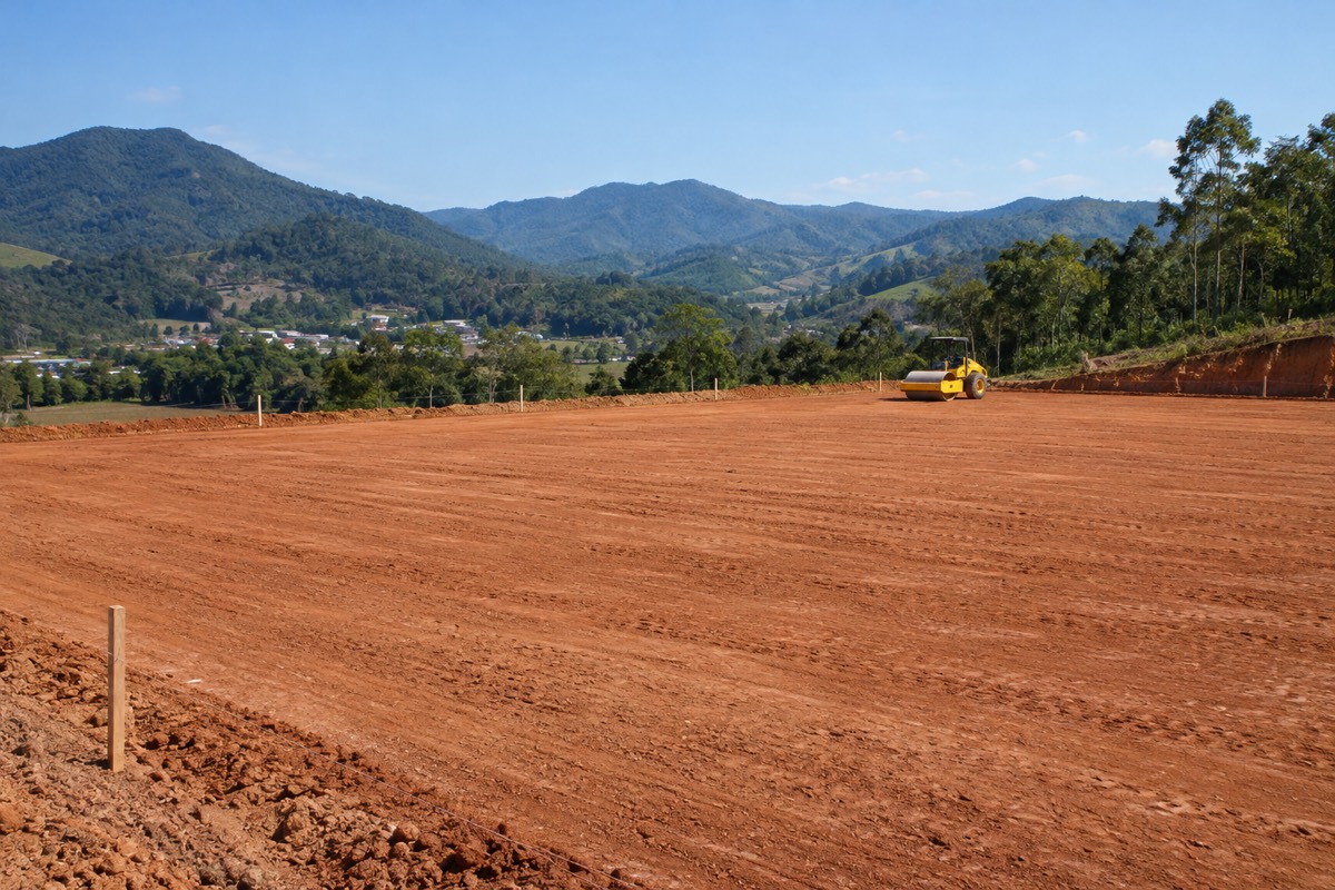 Terreno nivelado e compactado para obra, com rolo compactador ao fundo e estacas marcando o lote